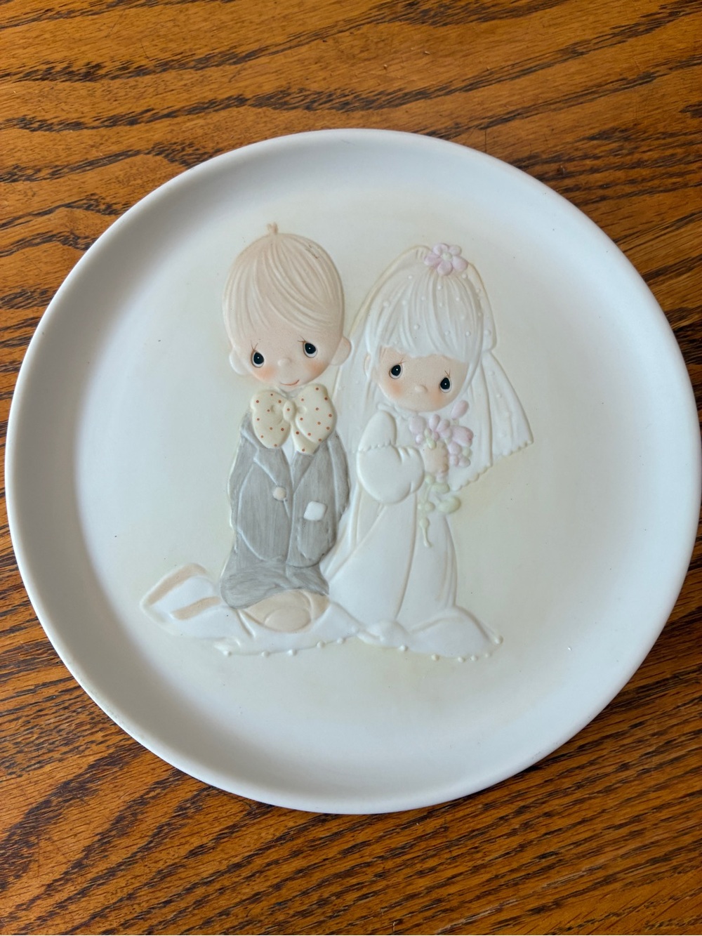 Precious Moments White Ceramic Bride & Groom Relief Plate with Pastel Accents